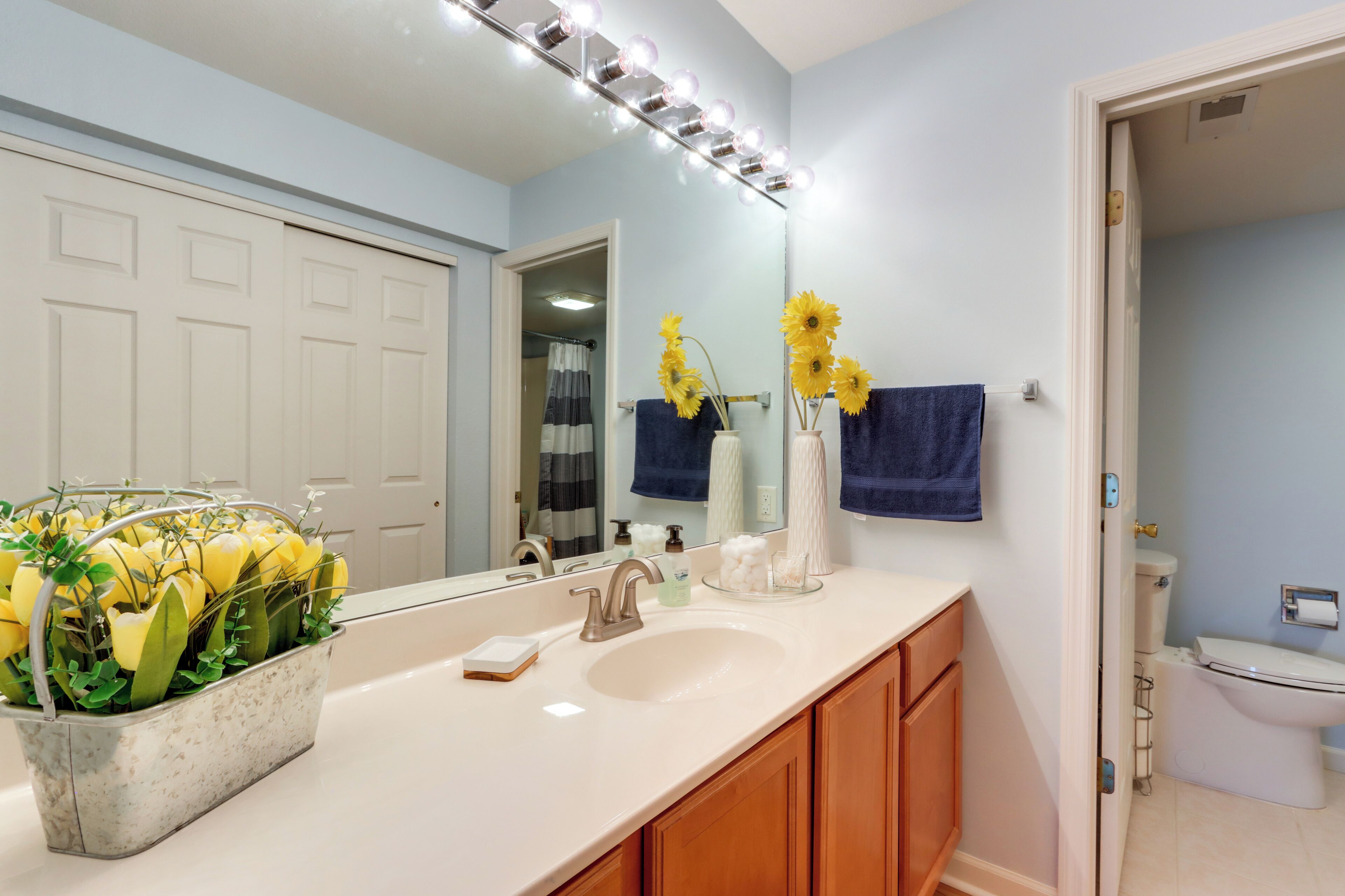 Une salle de bain avec un grand miroir, un meuble-lavabo, un lavabo et des toilettes.