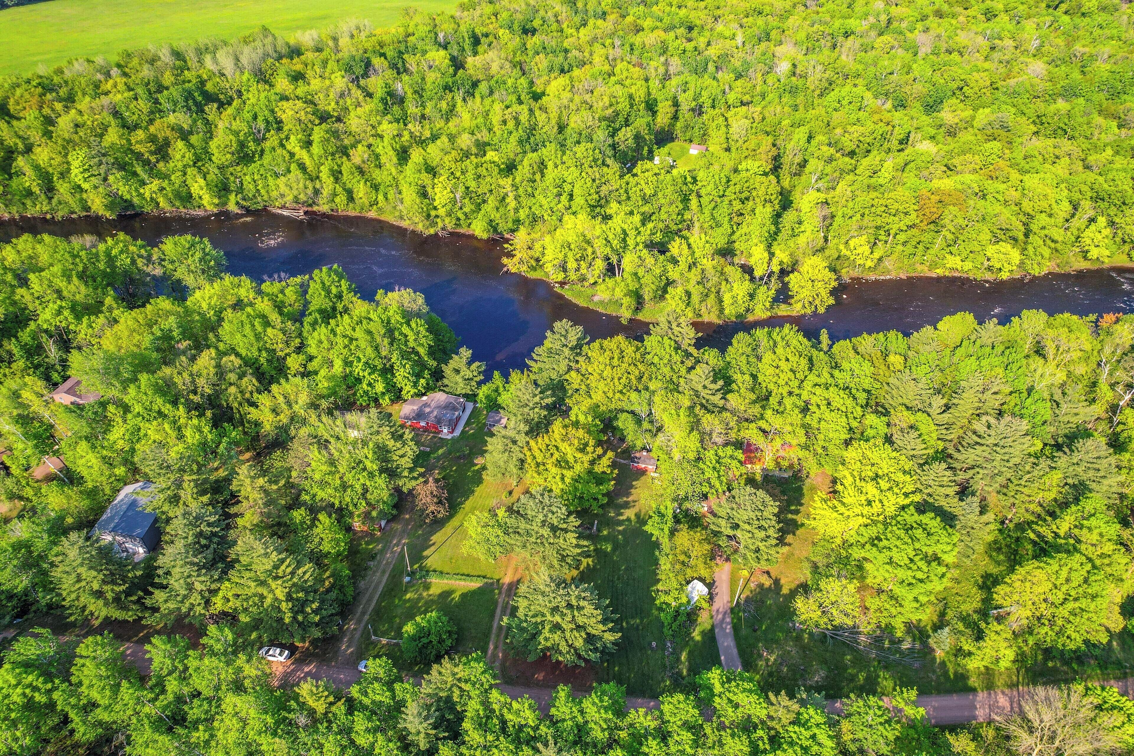 An aerial view of a forested area with a river, several houses, and a clear sky.