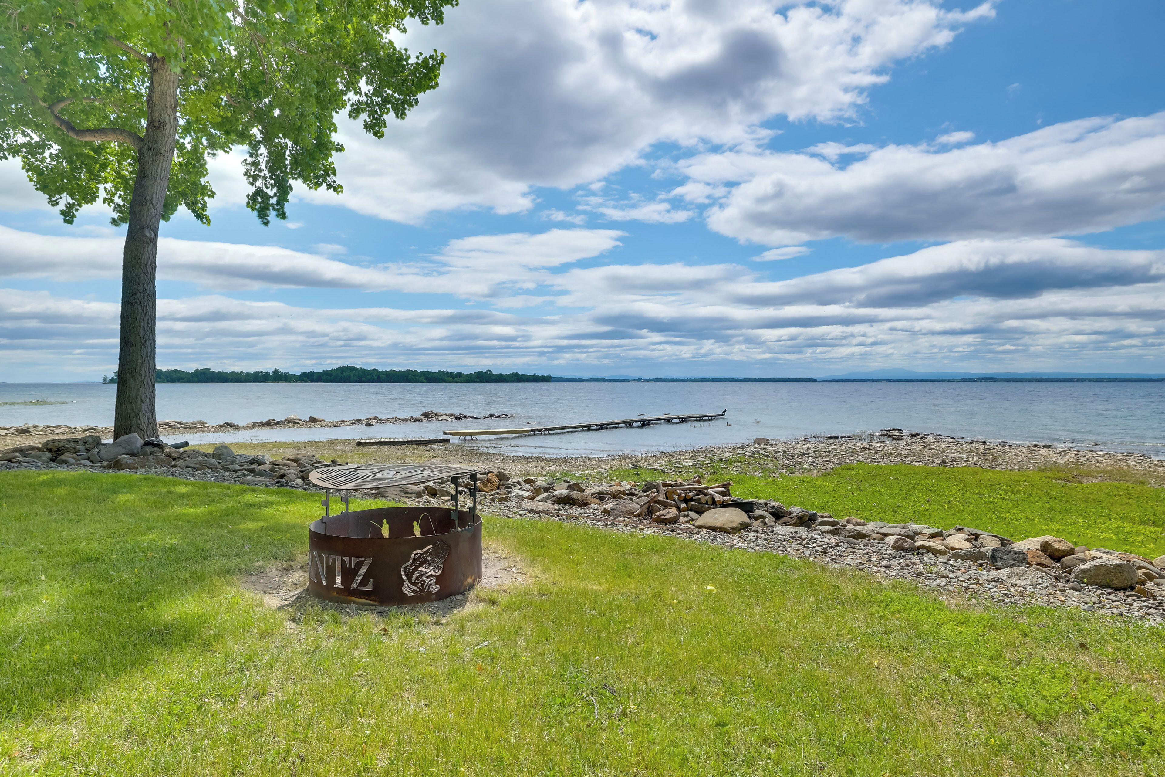 Un espacio al aire libre junto al lago con una parrilla, un árbol y un muelle que se adentra en el agua.
