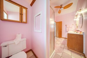 Un baño con inodoro, espejo, ducha y tocador con lavabo.