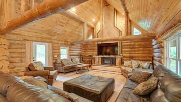 TV, fireplace, books