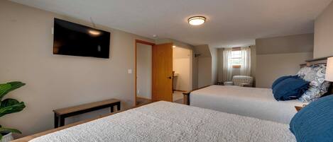 Een hotelkamer met twee bedden, een flatscreen televisie, een klein bureau en een kamerplant.
