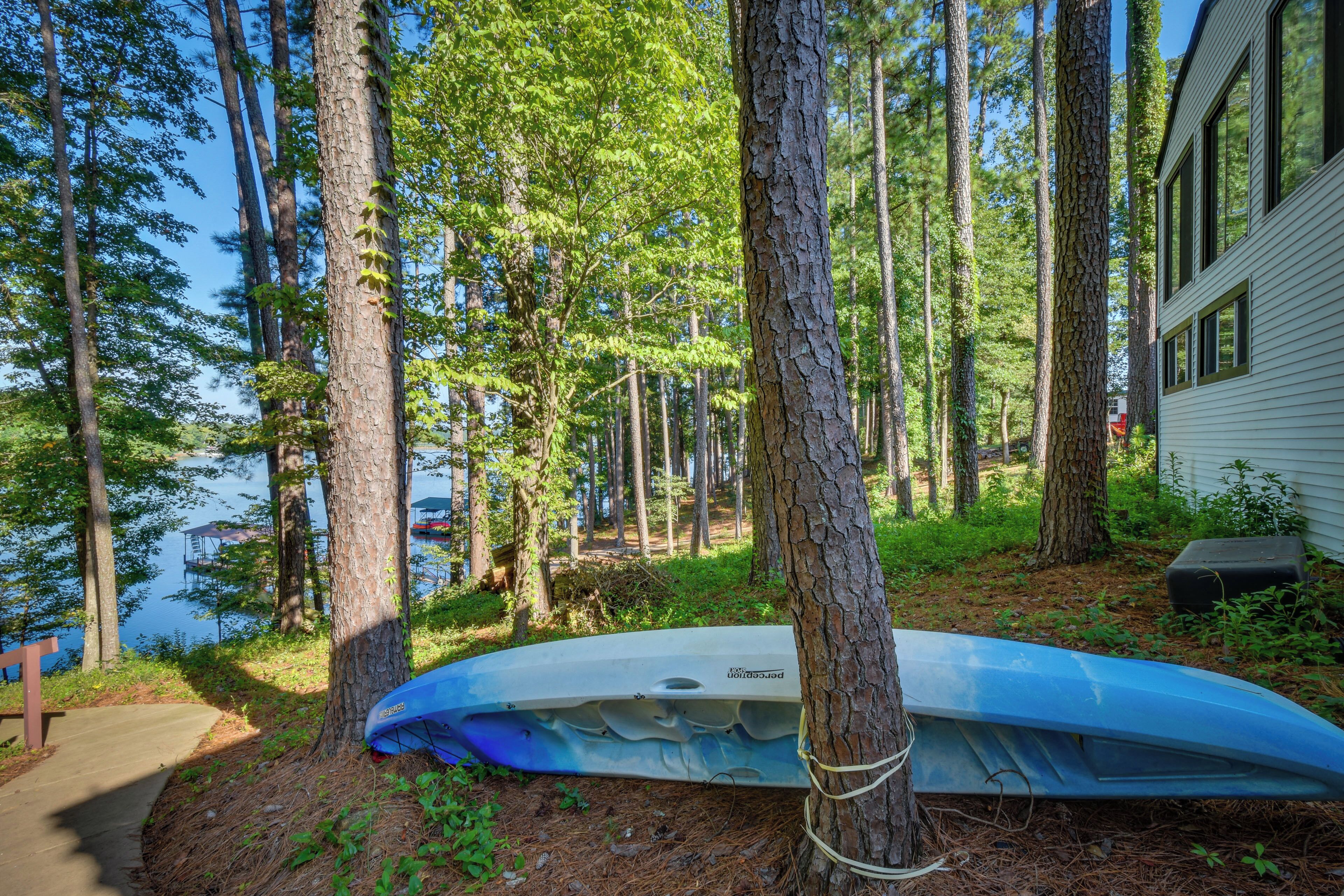 Un kayak est attaché à un arbre dans une zone boisée, avec un lac et un chalet visibles au loin.