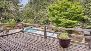 Une terrasse en bois avec une piscine, entourée d’arbres denses et ornée d’un drapeau.