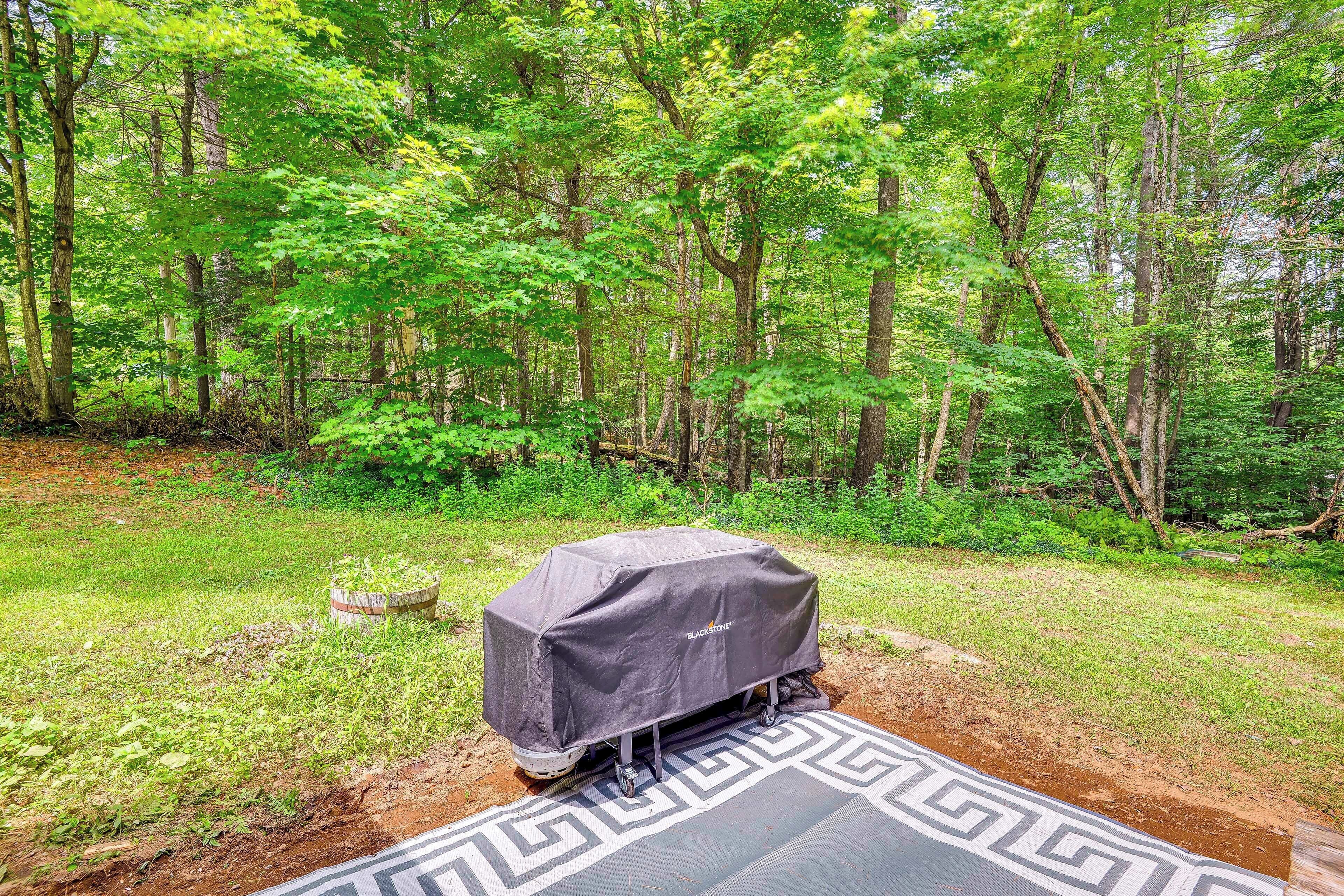 A covered grill in a forested area with a patterned mat on the ground.