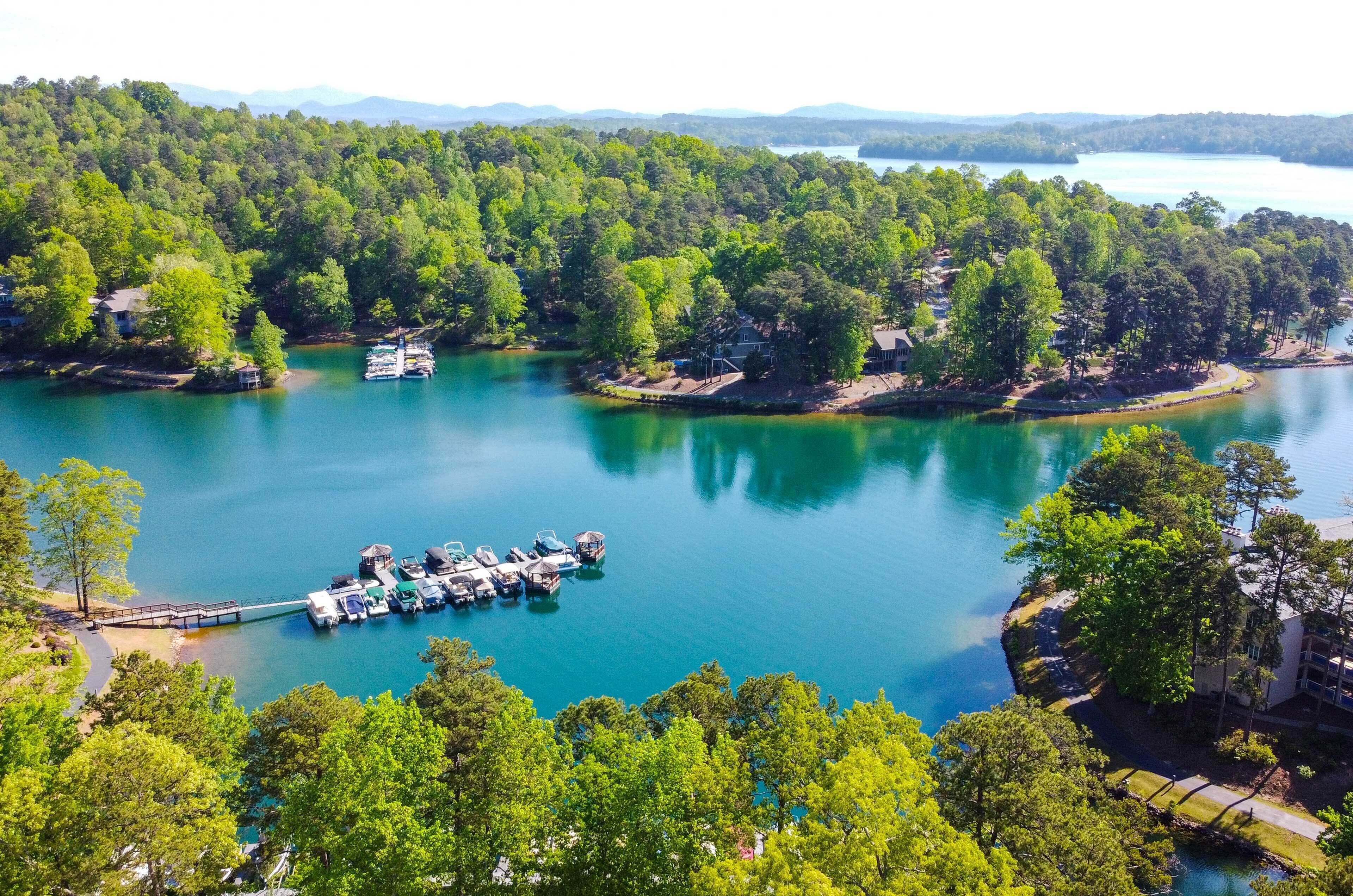 A lakeside property with a dock and boats, surrounded by dense forest and a clear view of the lake.