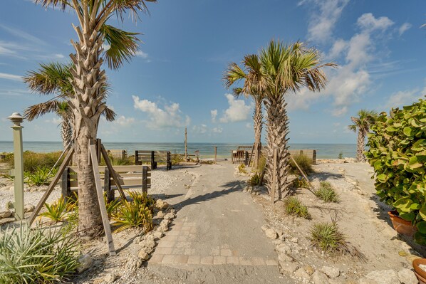 A pathway leading to a beach with palm trees and a wooden fence.