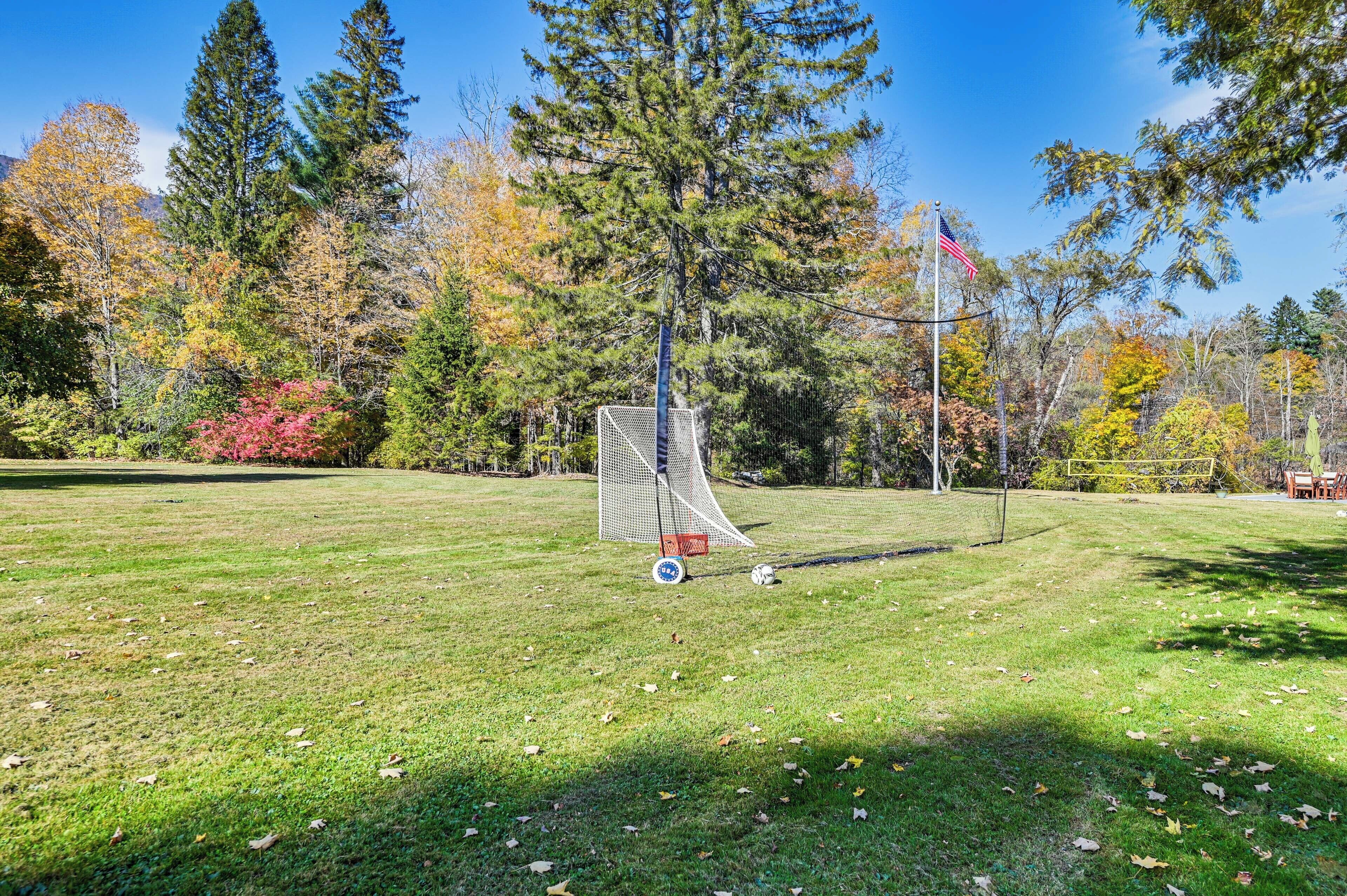 A soccer goal in a grassy field with trees and an American flag in the background.