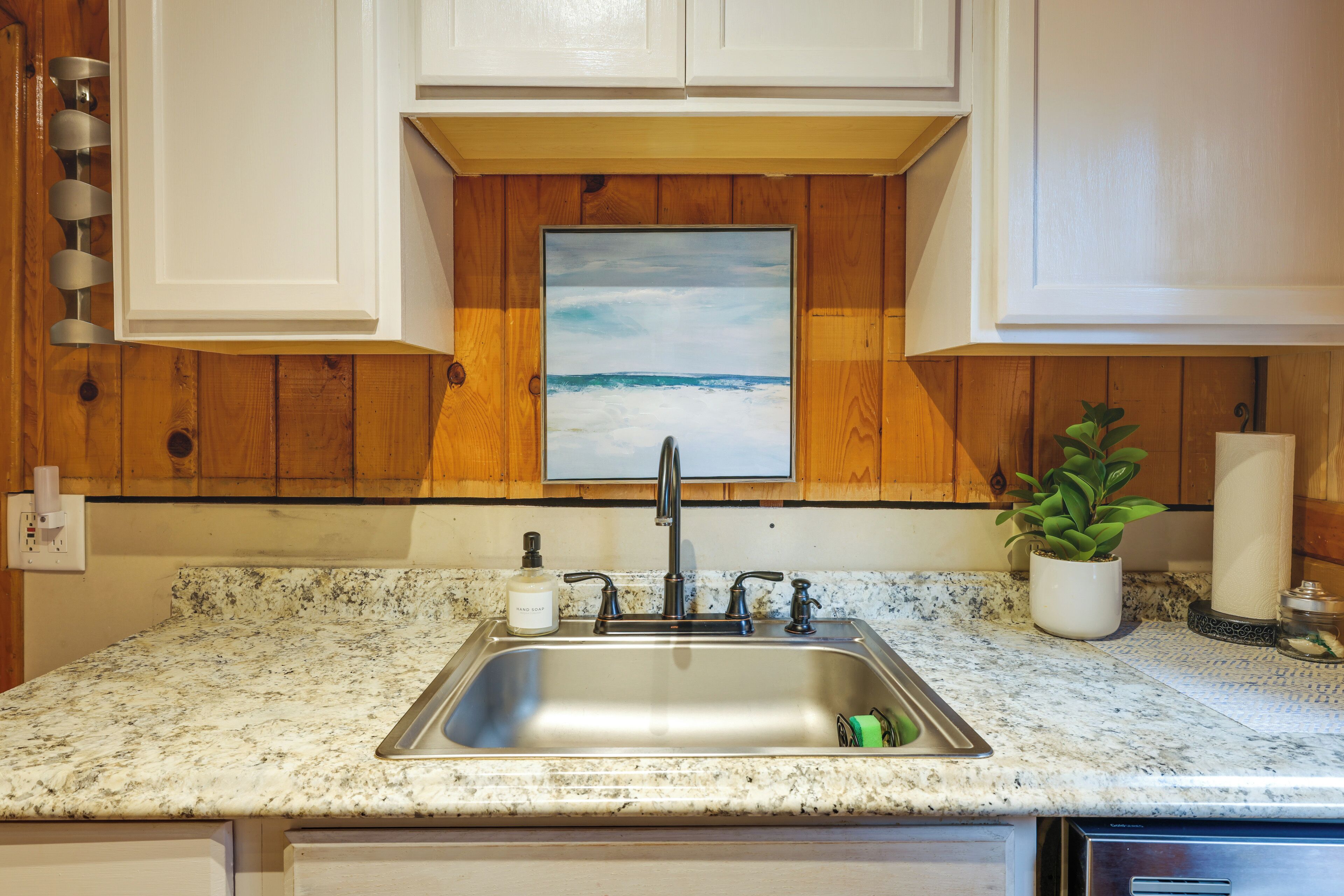 A kitchen with a granite countertop, stainless steel sink, wooden paneling, and a framed picture above the sink.