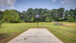 Una cancha de baloncesto con aro, rodeada de árboles y césped.