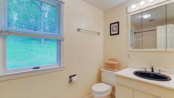 A bathroom with a toilet, sink, and window with blinds.