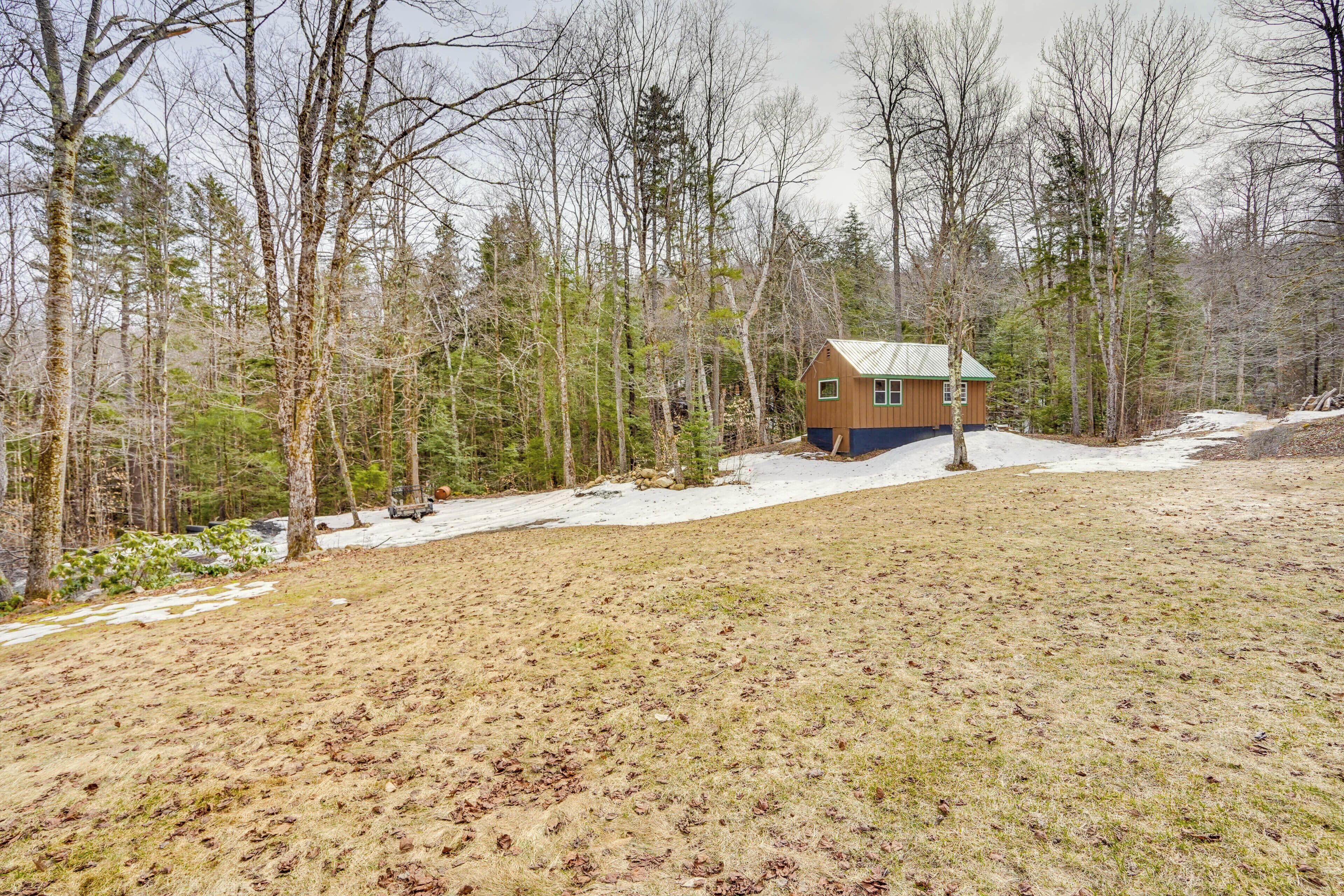 A small wooden cabin with a green roof, surrounded by a forested area with snow patches.
