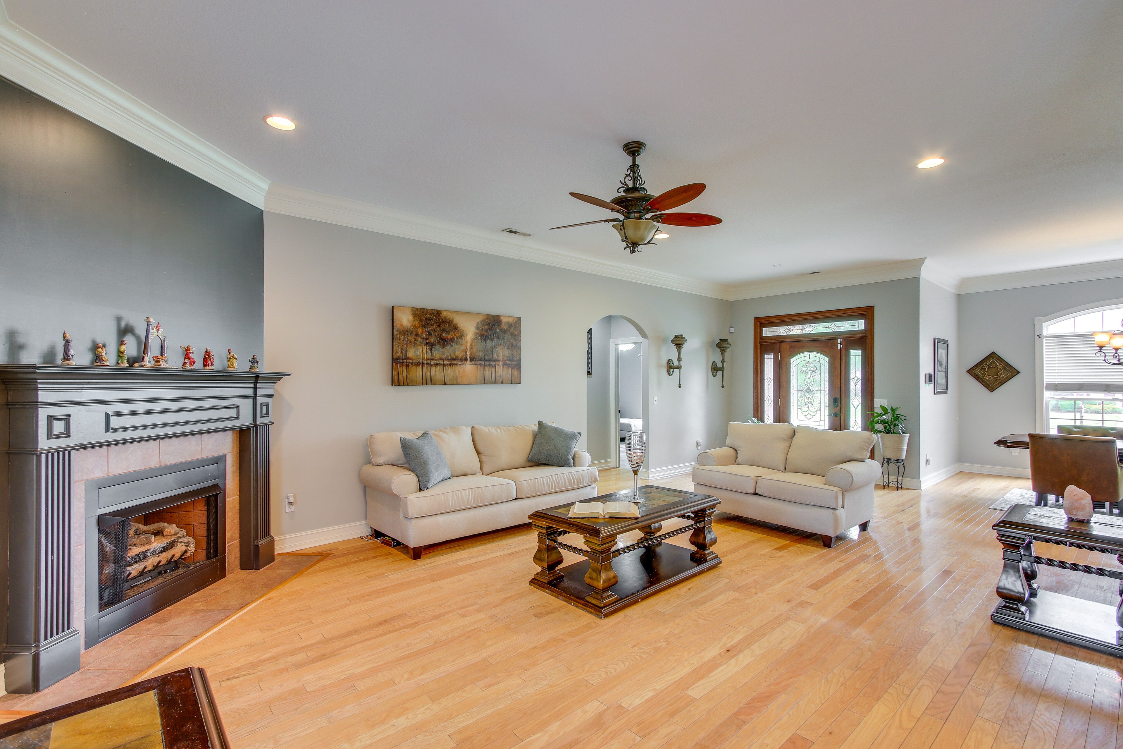 TV, lò sưởi, sách 