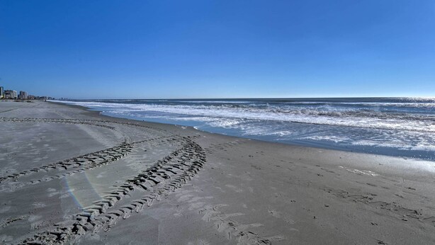 A beach with footprints leading to the water, a clear sky, and distant buildings. - Walk to Atlantic Beach: Family Gem w/ Fenced Yard (North Myrtle Beach)