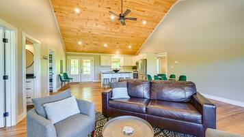 TV, fireplace, books