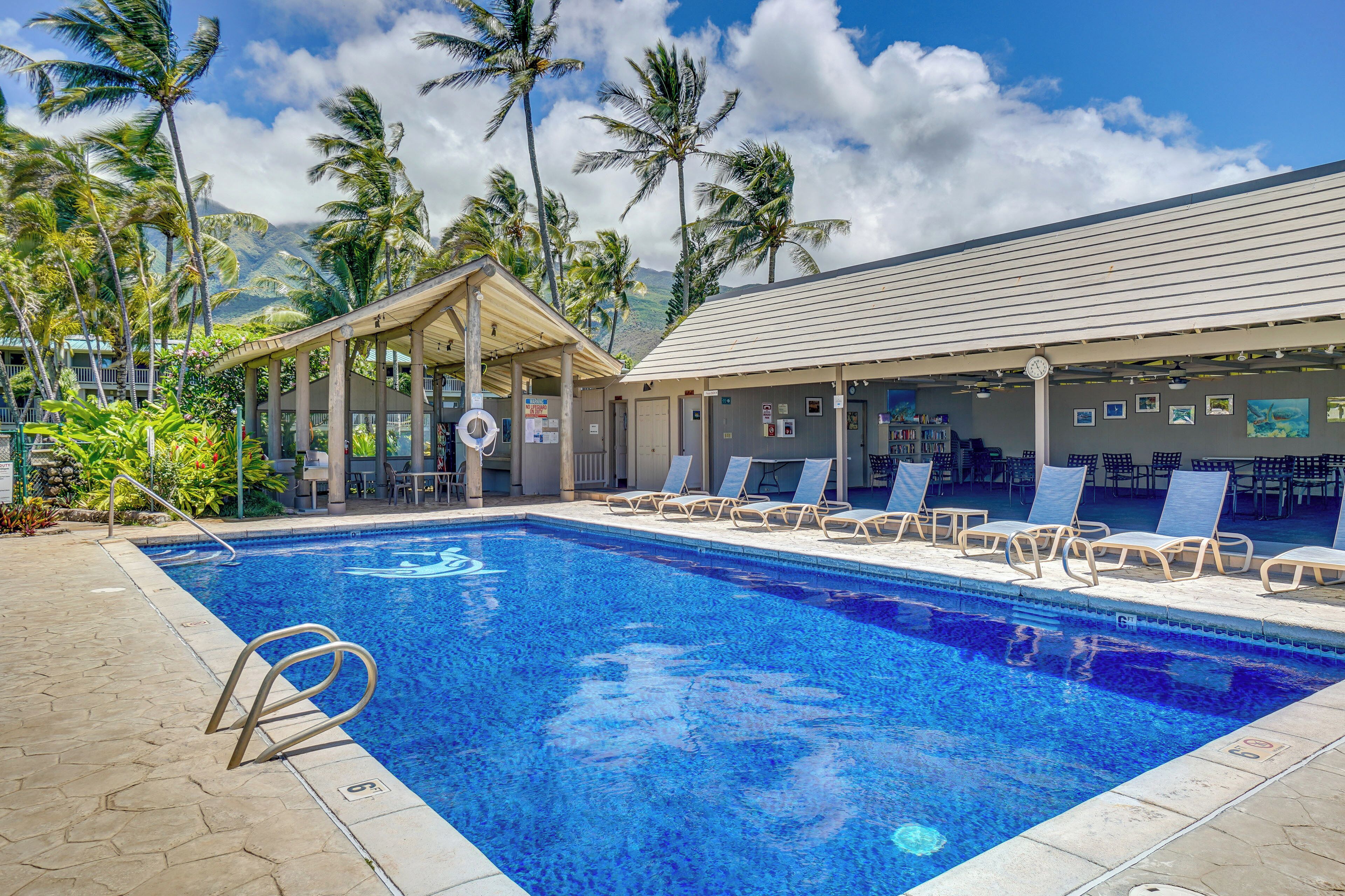 A swimming pool with lounge chairs, palm trees, and a covered area with a view of the mountains.