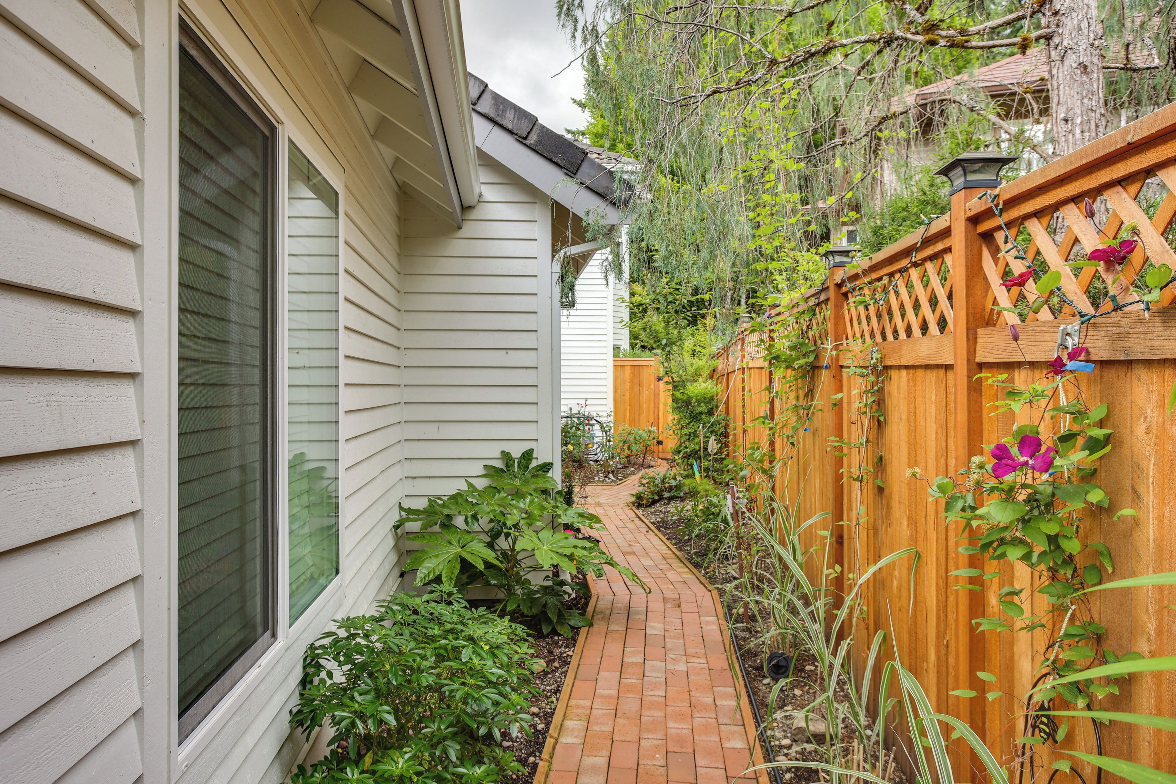 A narrow brick pathway leading to a wooden fence with climbing plants and a wooden deck.