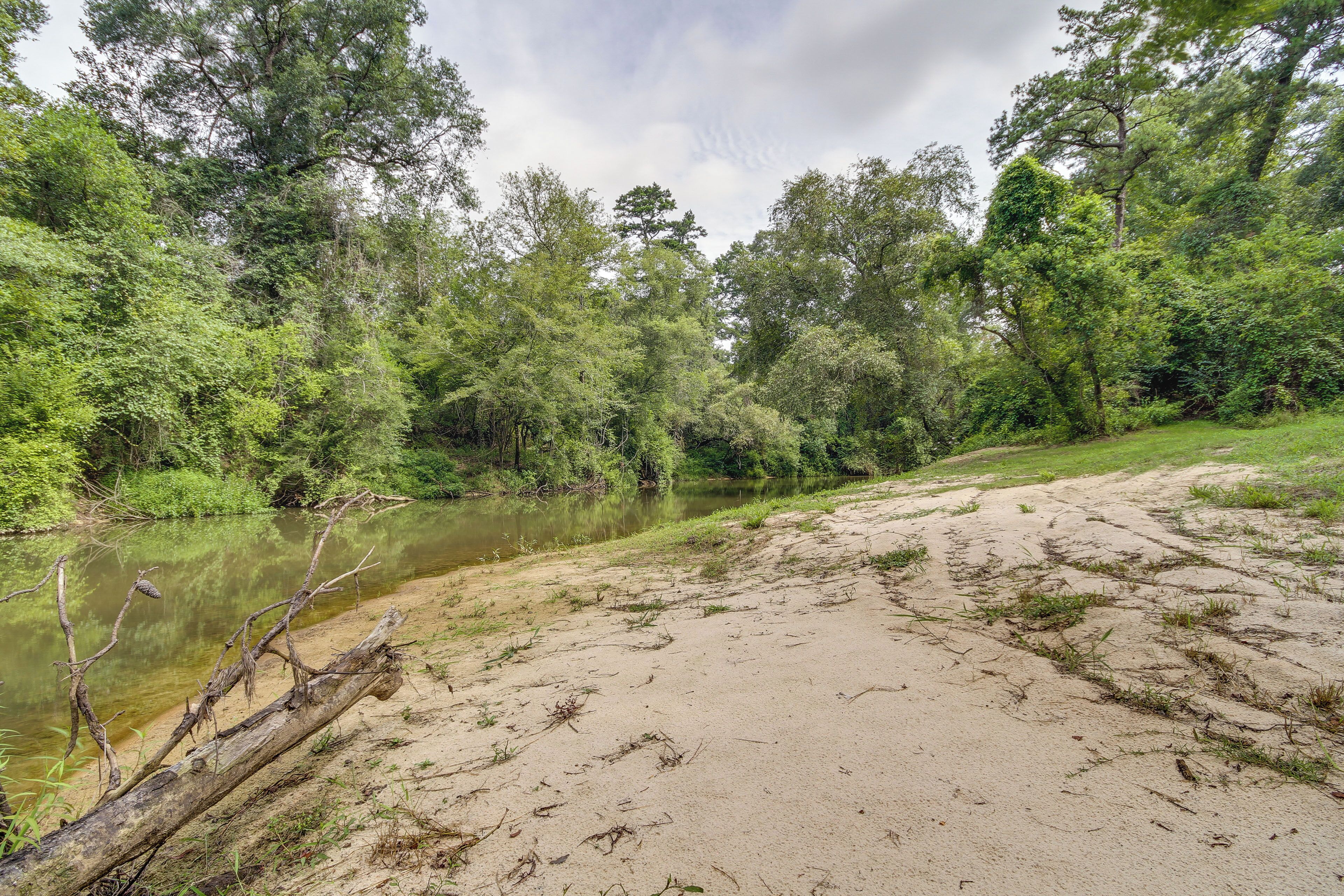 Un paysage naturel comprenant une rivière, une forêt dense et une zone sablonneuse.