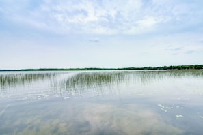 A calm lake with a clear sky and a distant shoreline with trees.