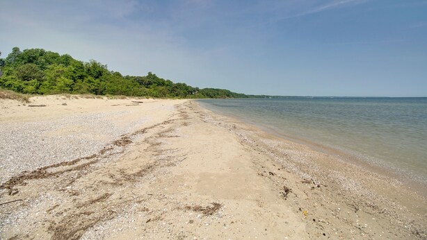 A beach with a pebbly shore and a forested hillside in the background. - Walk to Beach: Charming Maryland Home w/ Yard! (St. Leonard)