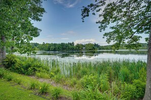 Une vue paisible sur un lac, avec une végétation luxuriante et une étendue d’eau calme.