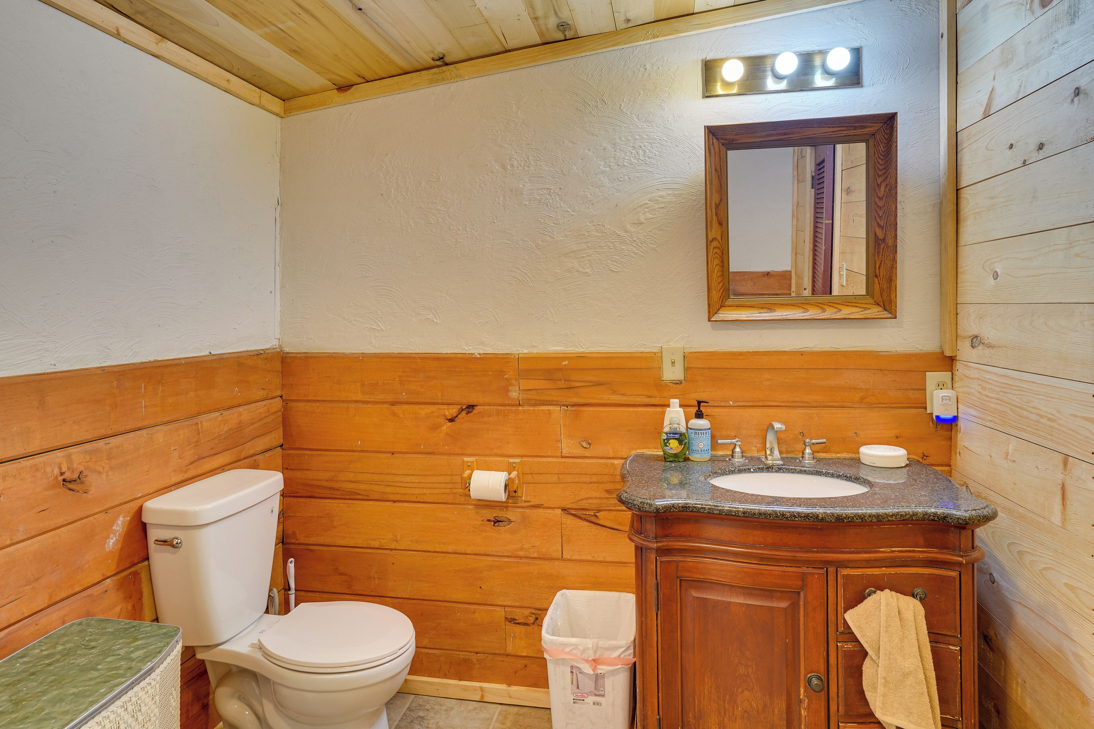 A bathroom with wooden walls, a white toilet, a sink with a wooden cabinet, and a mirror with lights above it.