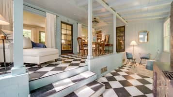 TV, fireplace, books