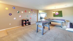 A room with a foosball table, a pool table, and a piano. - Chic New Mexico Retreat w/ Patio, Grill & Fire Pit (Los Lunas)