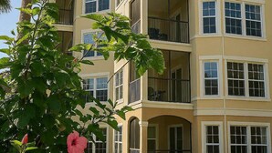 Un edificio de varios pisos con balcones y ventanas amplias, rodeado de vegetación y una palmera.