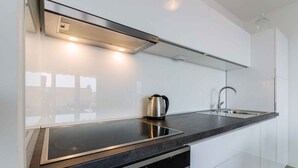 A modern kitchen with a black induction cooktop, stainless steel range hood, and a single stainless steel kettle. - Holiday apartment mit Meerblick (Crikvenica)