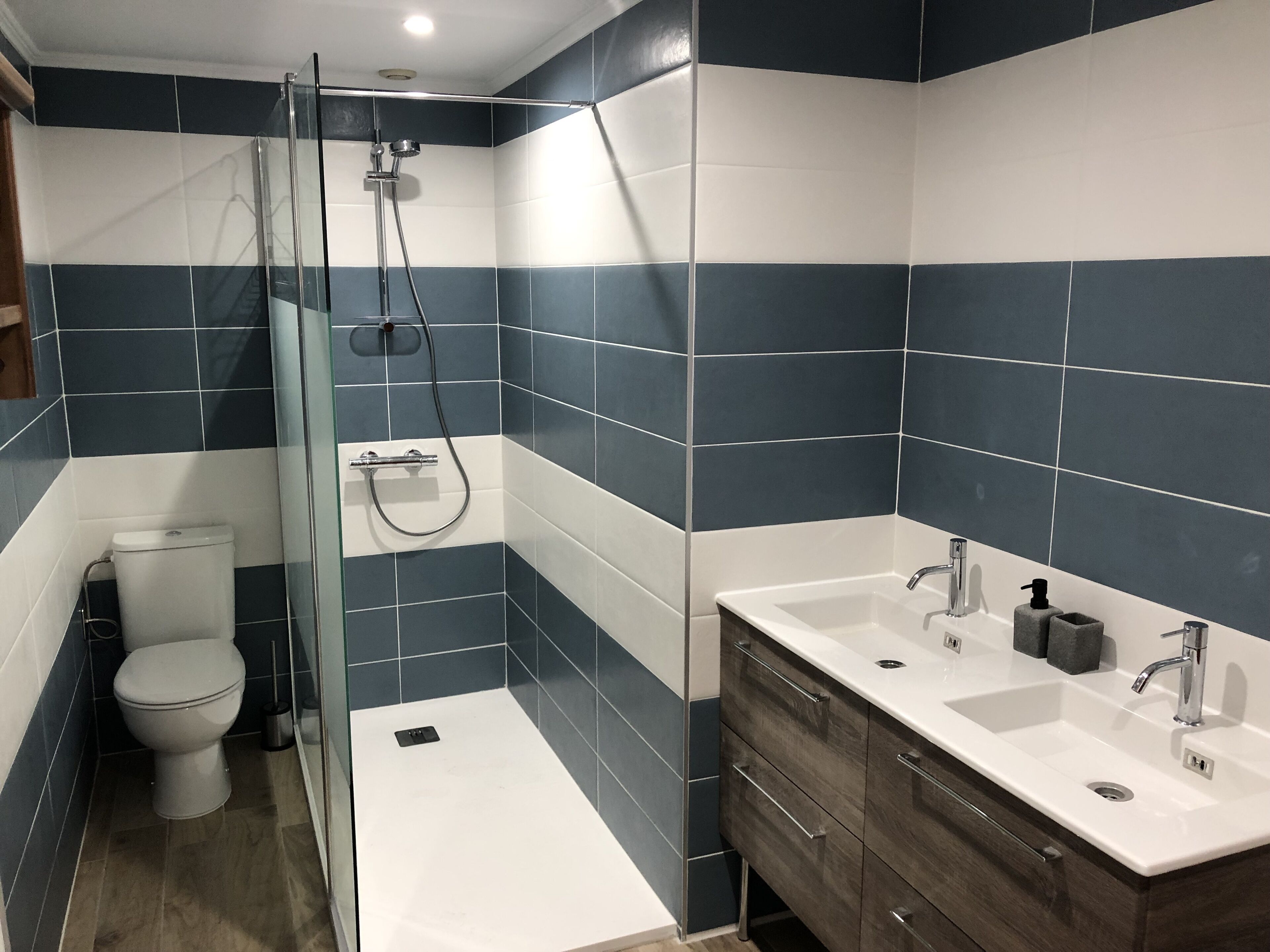 Chuveiro, secador de cabelo, toalhas de banho, sabonete