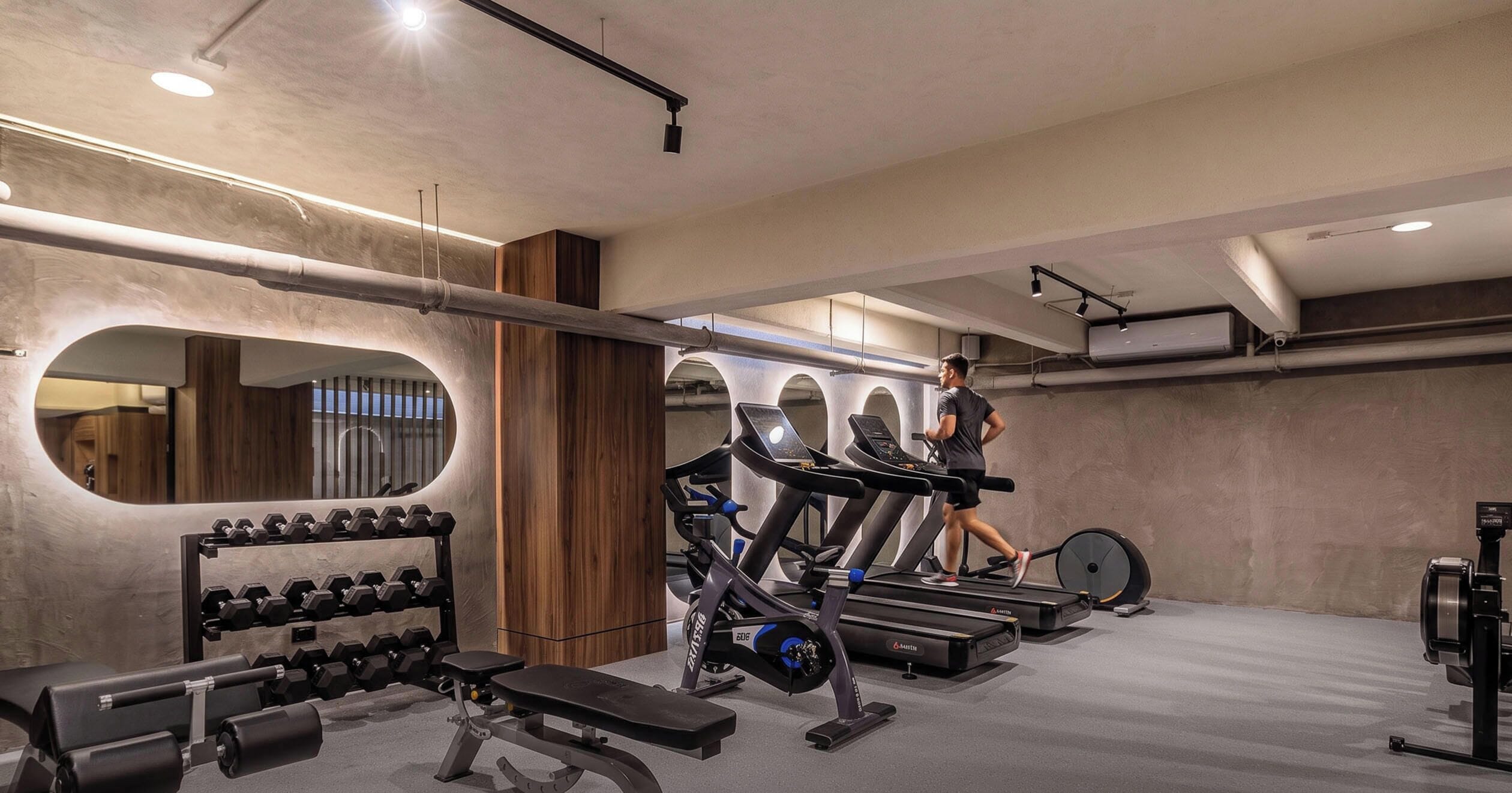 A modern gym with treadmills, dumbbells, and a bench.