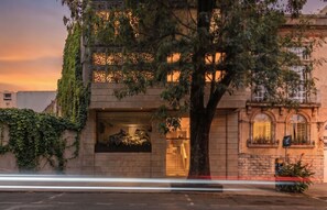 Un bâtiment avec un grand arbre devant, un balcon orné de plantes et un intérieur éclairé.