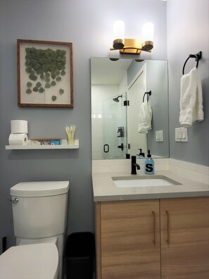 A bathroom with a toilet, sink, and mirror. There is a framed picture on the wall and a towel hanging on the mirror.