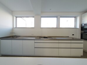 Een moderne keuken met een groot eiland, inbouwapparatuur en grote ramen.