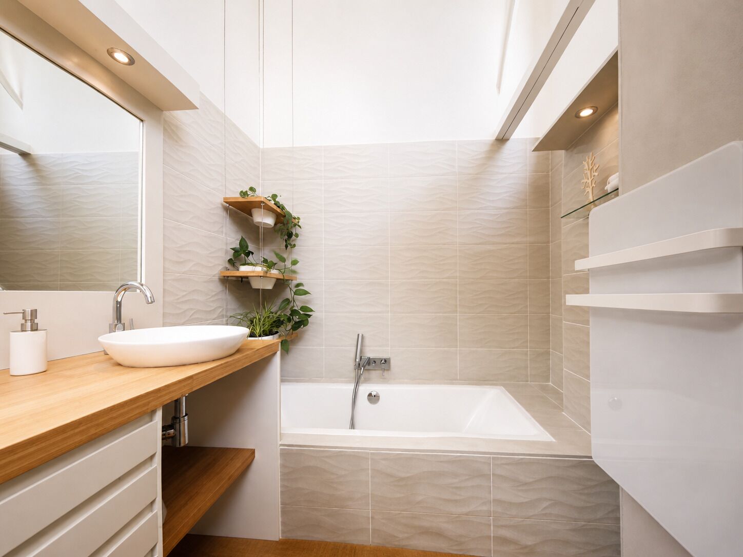 Een moderne badkamer met een vrijstaand bad, een houten wastafelmeubel met een witte wasbak en een spiegel.