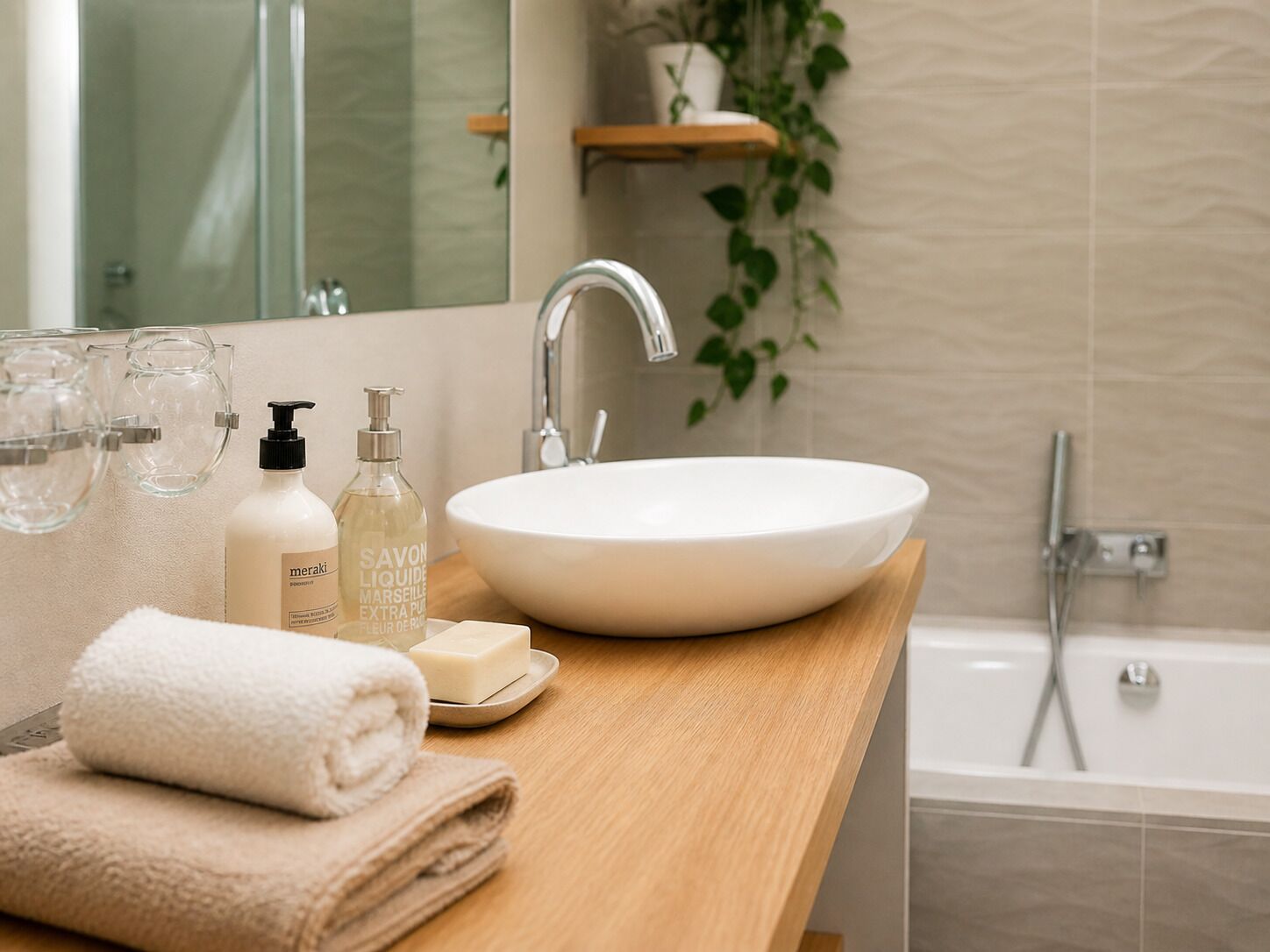 A bathroom with a white sink, a mirror, a towel, and toiletries.