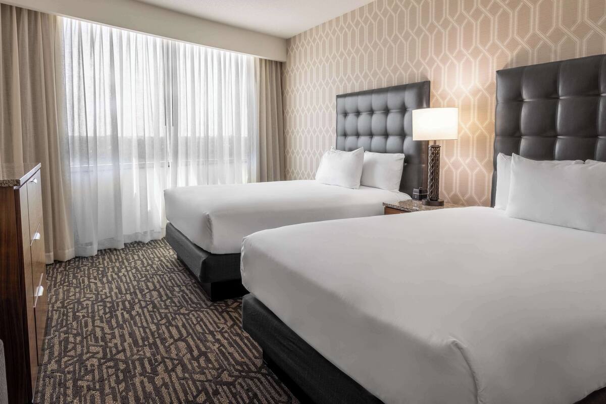 Ein Hotelzimmer mit zwei Betten, einem großen Fenster mit durchsichtigen Vorhängen, einem gemusterten Teppich und einem Kopfteil mit einer Lampe.