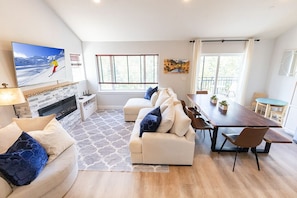 Smart TV, fireplace, books, computer monitors