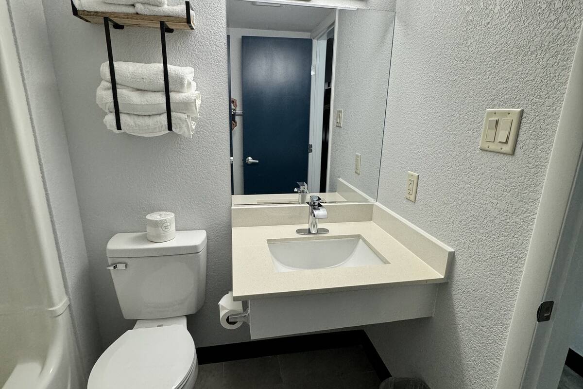 combined shower/bathtub, towels, soap, toilet paper