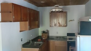 Una cocina compacta con armarios de madera, un lavamanos y un microondas.