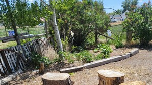 A rustic outdoor setting with a fire pit surrounded by tree stumps and a container of firewood.