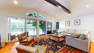 TV, fireplace, books