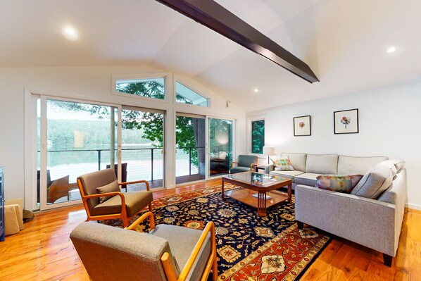 TV, fireplace, books