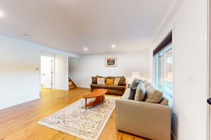 TV, fireplace, books