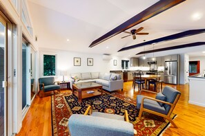 TV, fireplace, books