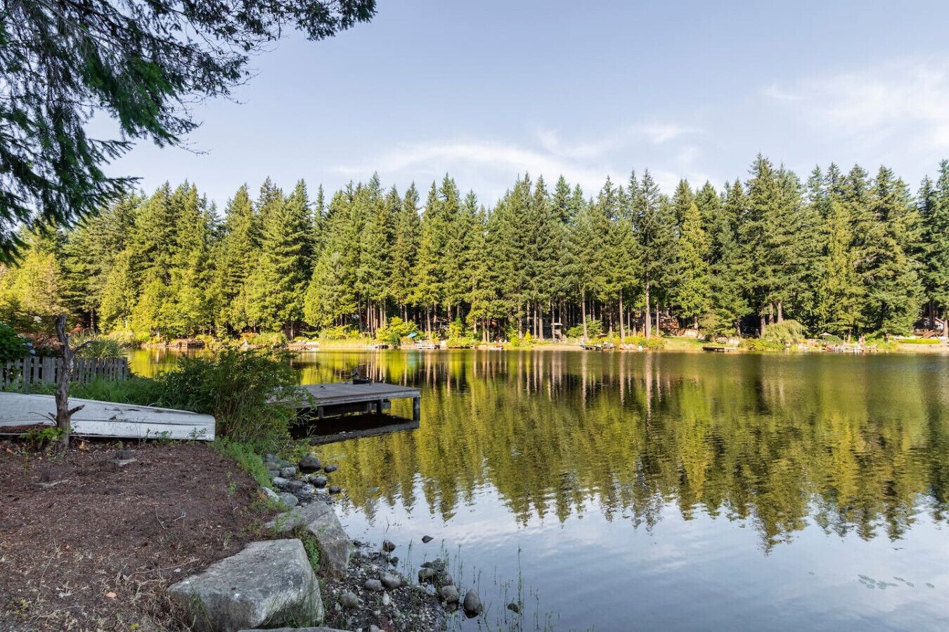 Eine friedliche Seenlandschaft mit Steg und Holzpier.