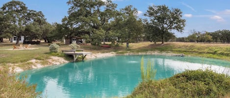 Una piscina exterior cristalina rodeada de césped y árboles, con una mesa de picnic y una pequeña construcción al fondo.