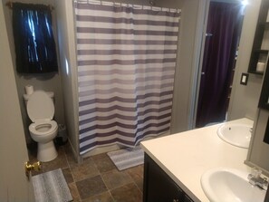 Hair dryer, towels, soap, shampoo