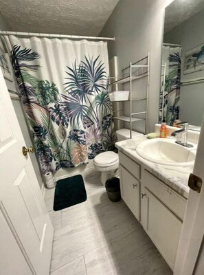 Hair dryer, towels, soap, shampoo